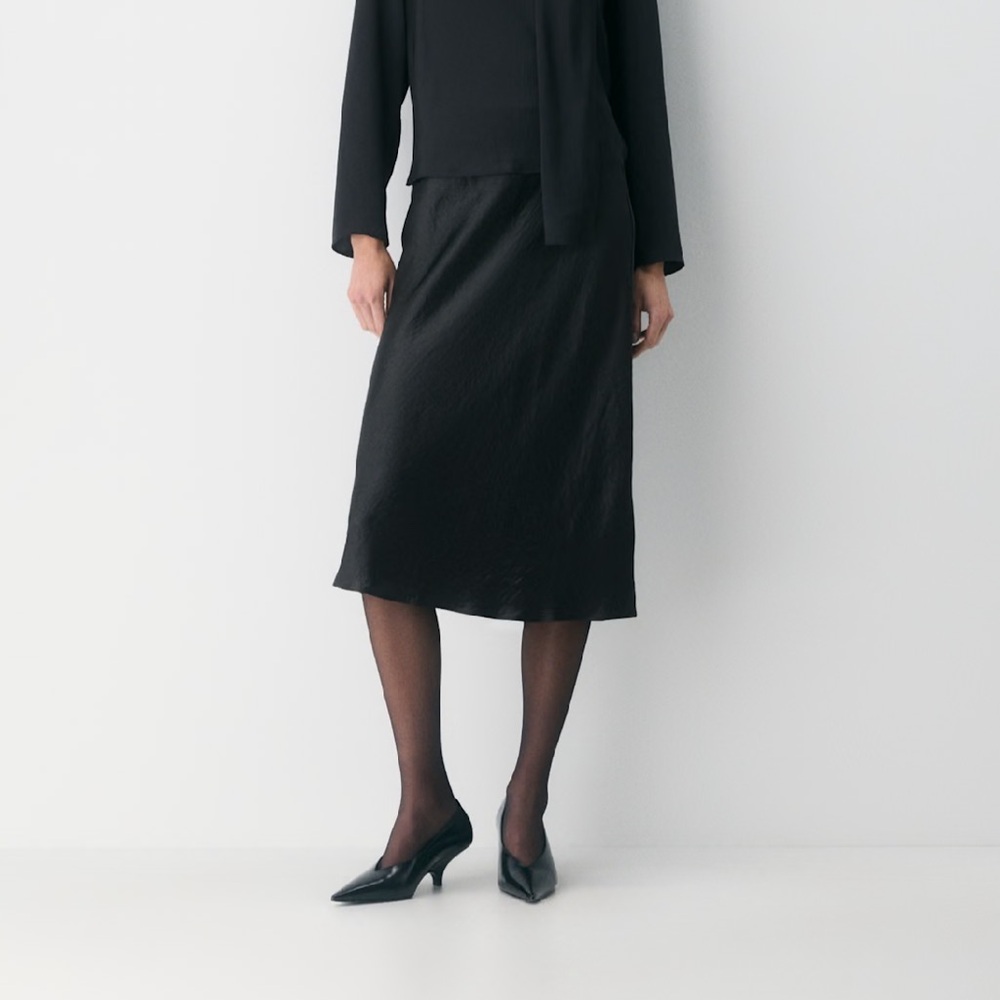 Babaton Black Slip Satin Midi Skirt